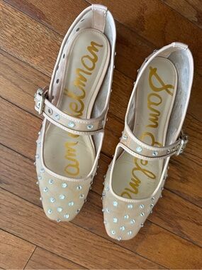 Sam Edelman Beige Crystal-Embellished Mary Jane Flats